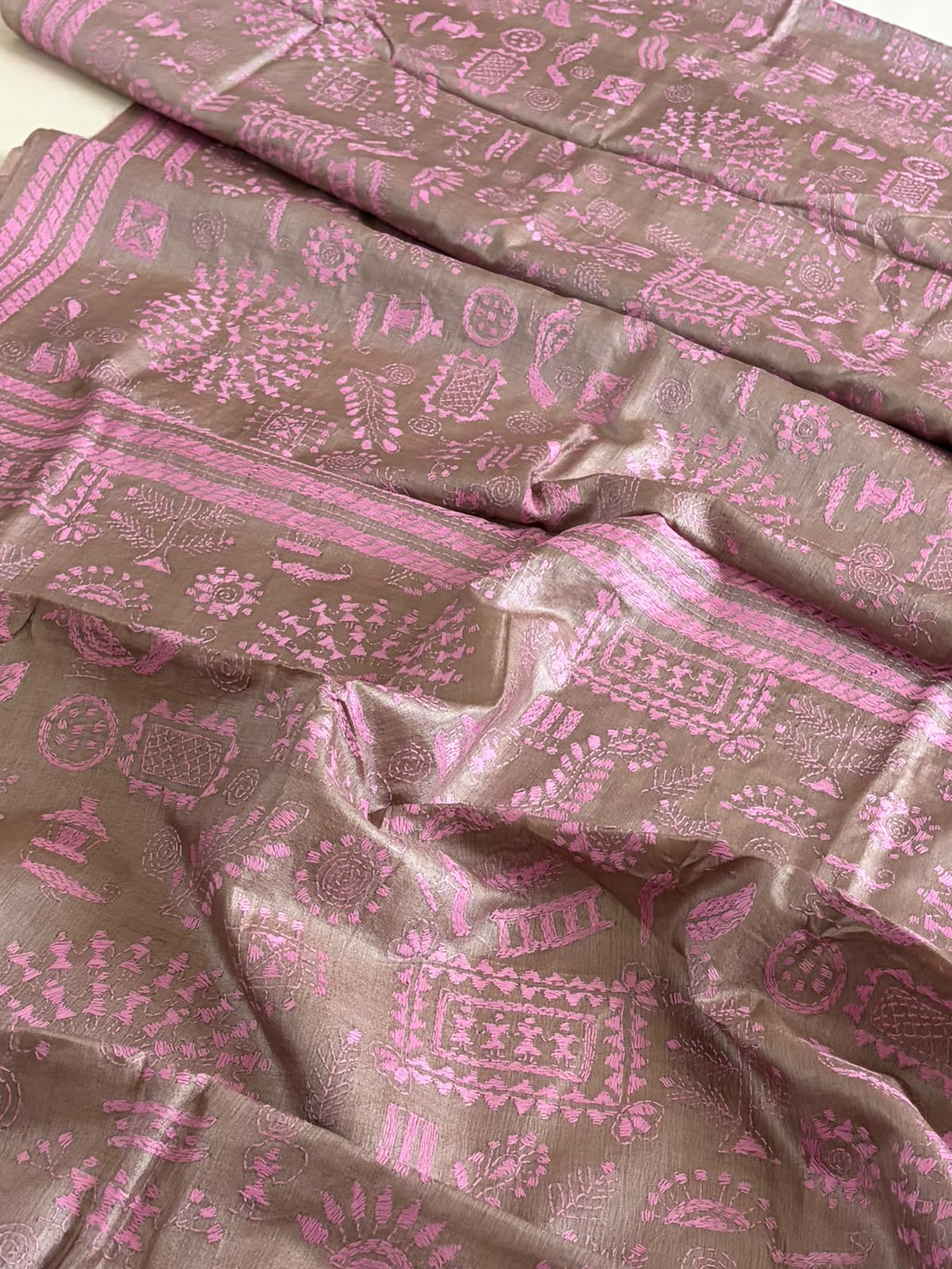 Pure Tussar Silk Saree Tribal Motifs Kantha Hand Embroidery Mauve Rose on Warm Taupe