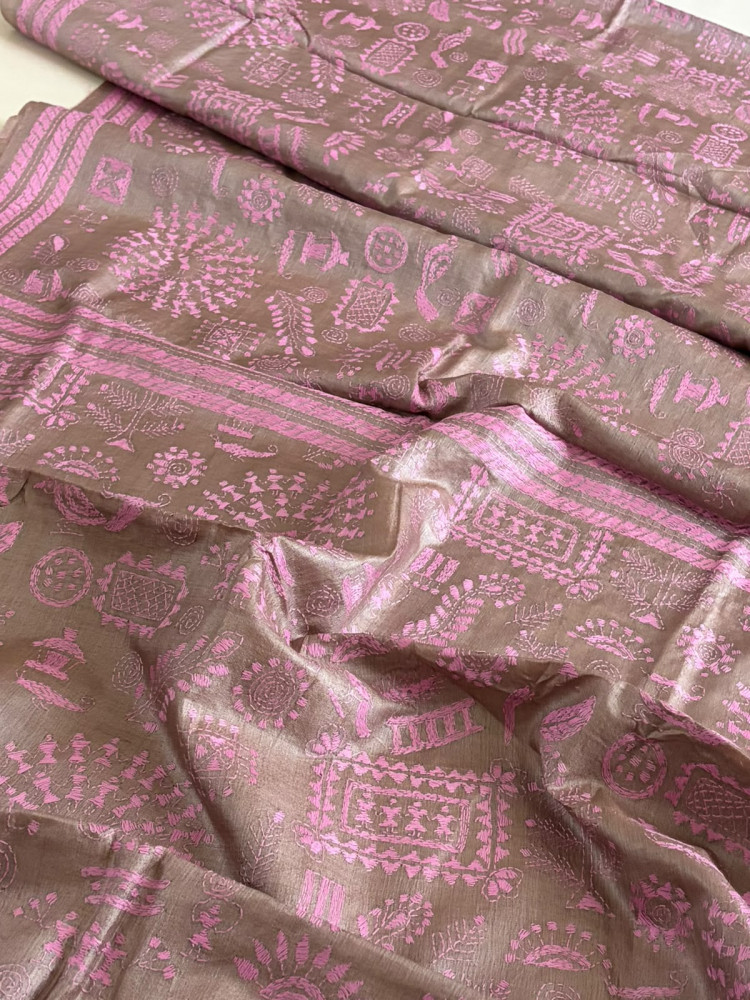 Image of Pure Tussar Silk Saree "Tribal Motifs" — Kantha Hand Embroidery | Mauve Rose on Warm Taupe
