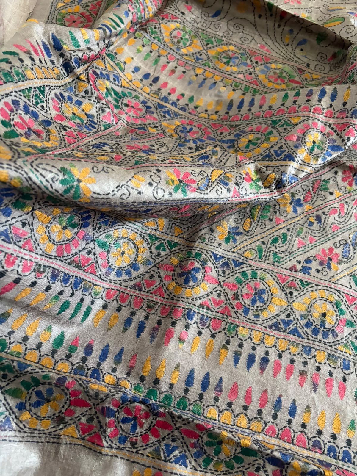 Pure Tussar Silk Kantha Hand Embroidered Saree - Deep Beige with Multicolour