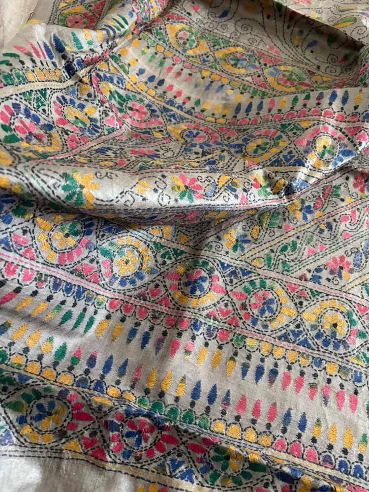 Image of Pure Tussar Silk Kantha Hand Embroidered Saree - Deep Beige with Multicolour