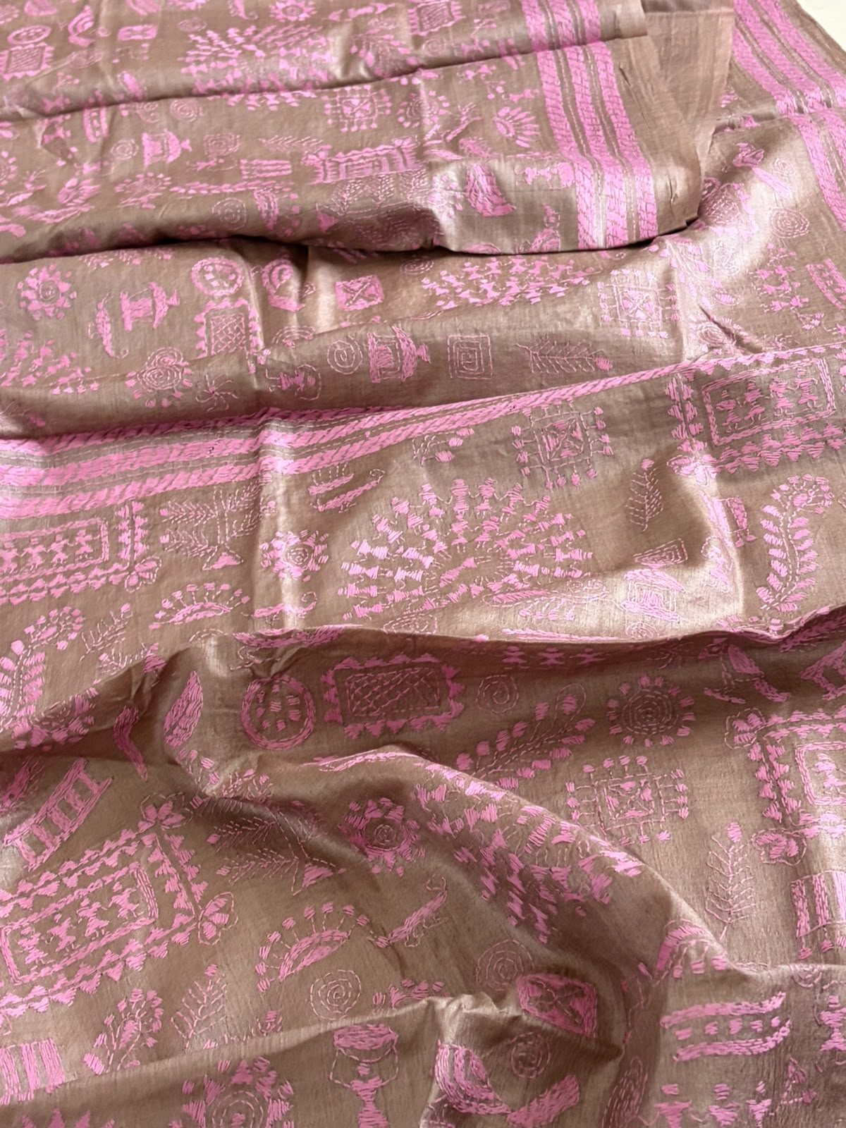 Pure Tussar Silk Saree Tribal Motifs  Kantha Hand Embroidery  Mauve Rose on Warm Taupe