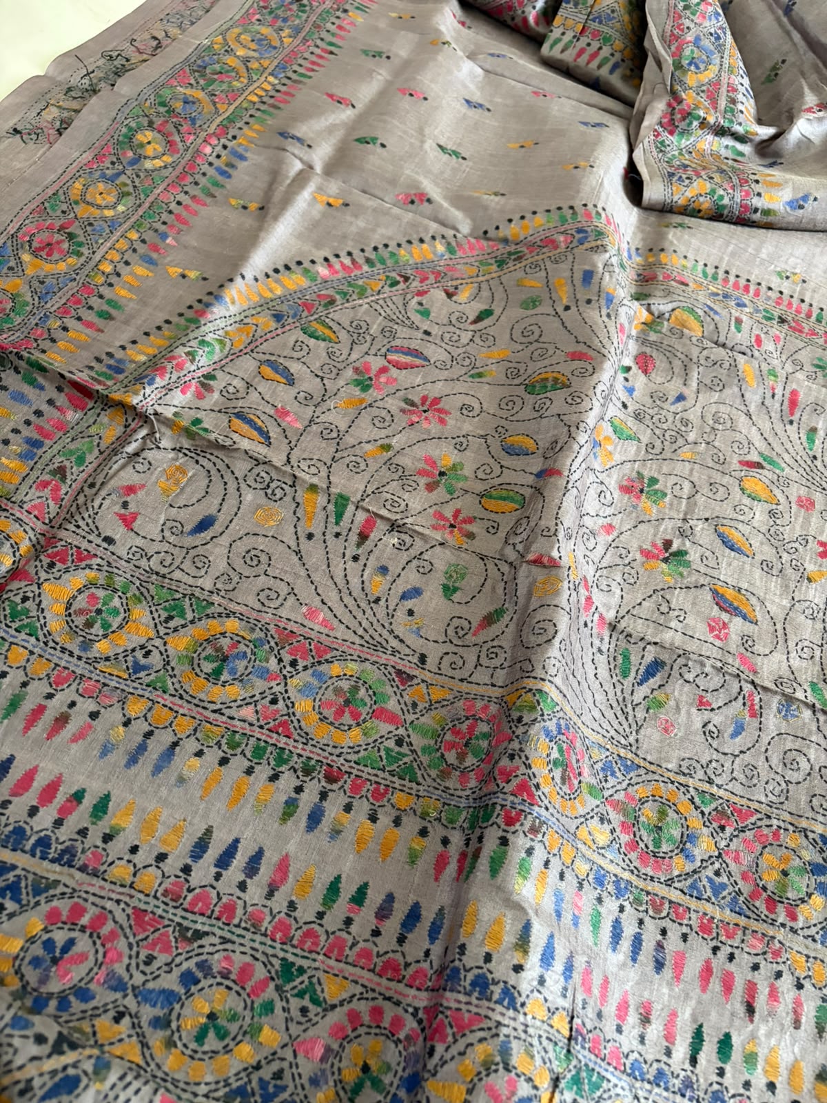 Pure Tussar Silk Kantha Hand Embroidered Saree - Deep Beige with Multicolour