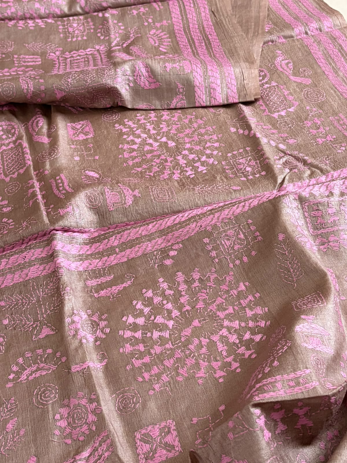 Pure Tussar Silk Saree Tribal Motifs  Kantha Hand Embroidery  Mauve Rose on Warm Taupe