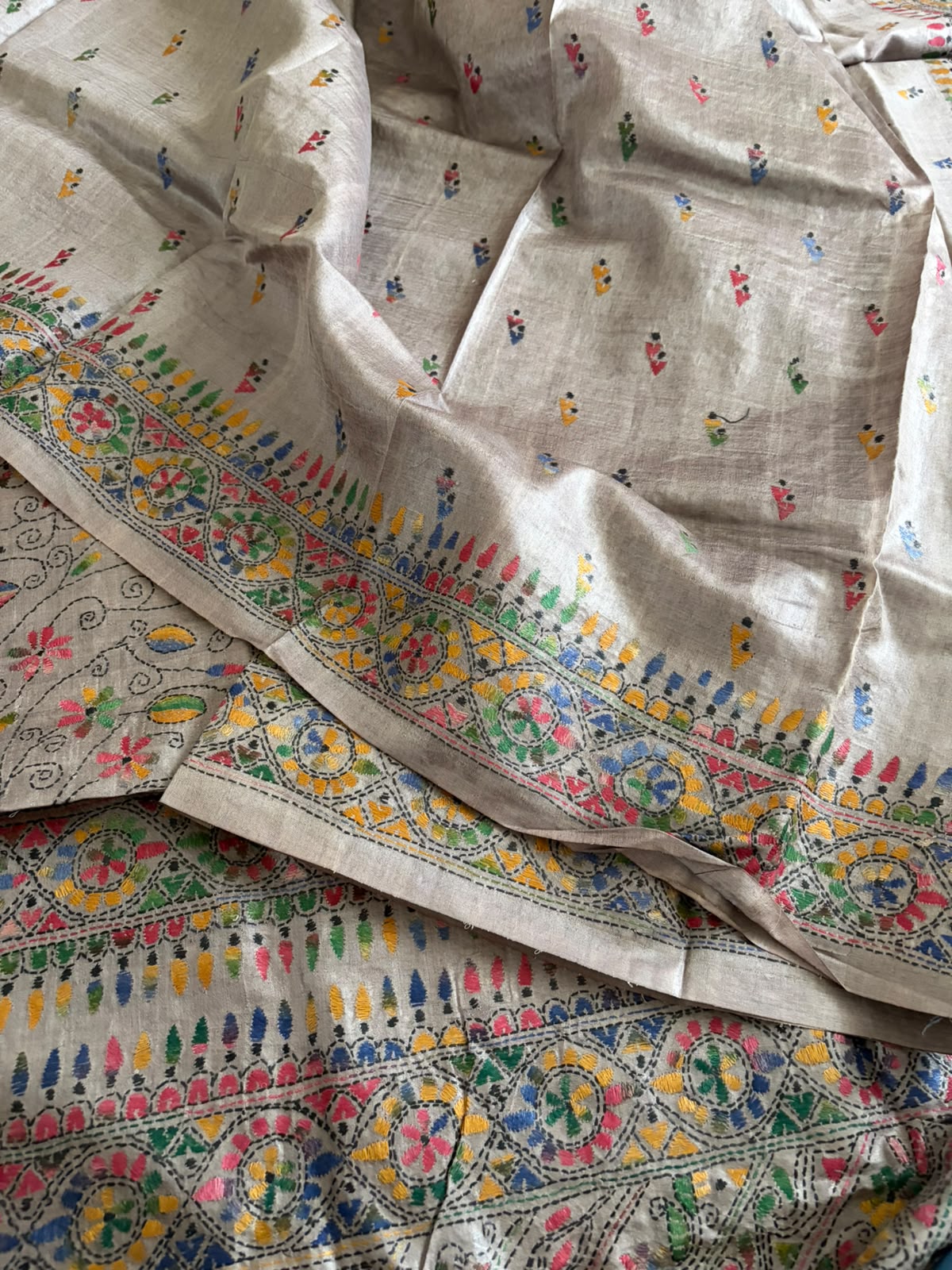 Pure Tussar Silk Kantha Hand Embroidered Saree - Deep Beige with Multicolour