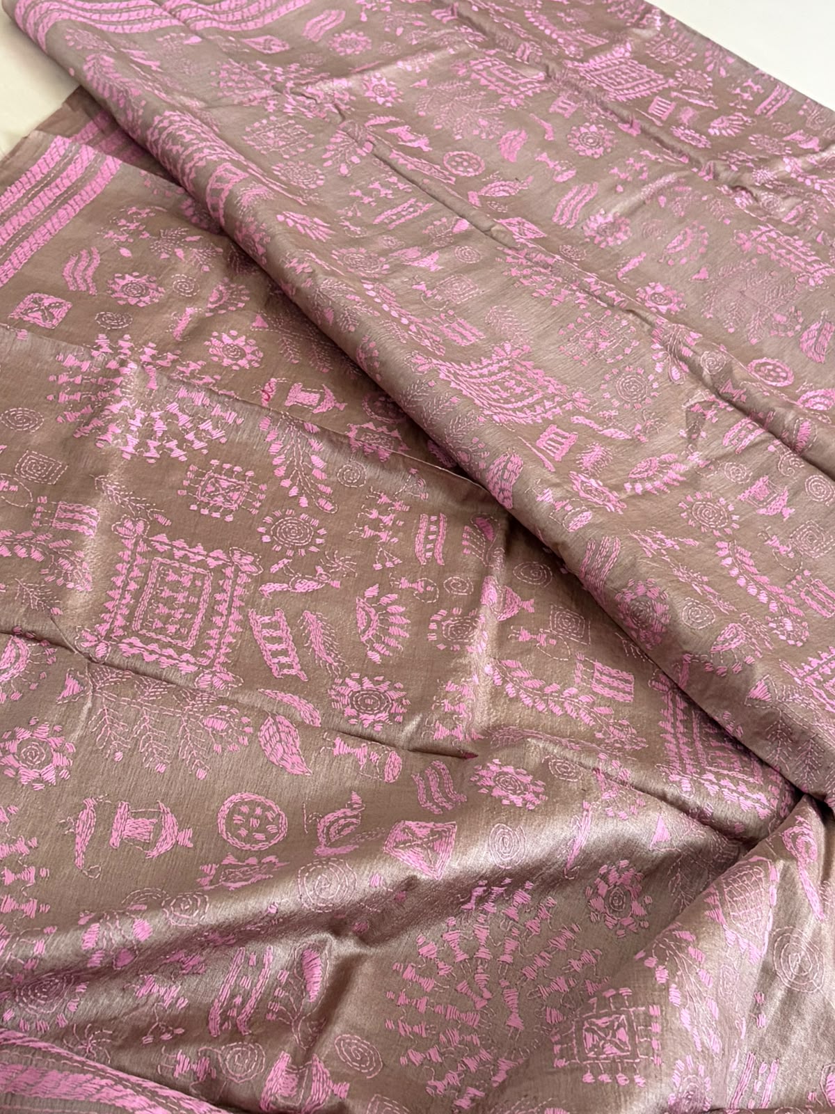 Pure Tussar Silk Saree Tribal Motifs Kantha Hand Embroidery Mauve Rose on Warm Taupe