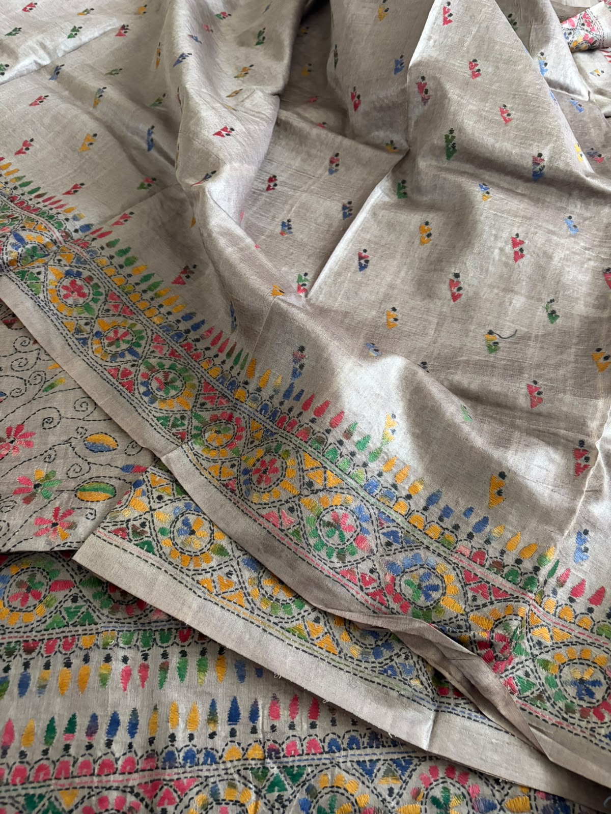 Pure Tussar Silk Kantha Hand Embroidered Saree - Deep Beige with Multicolour