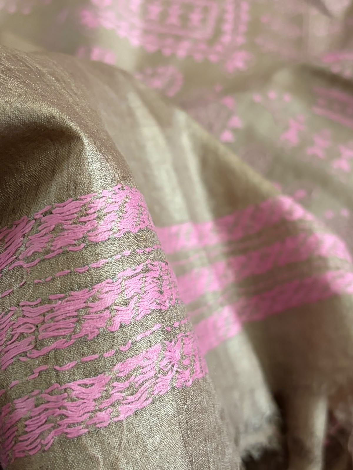 Pure Tussar Silk Saree Tribal Motifs  Kantha Hand Embroidery  Mauve Rose on Warm Taupe