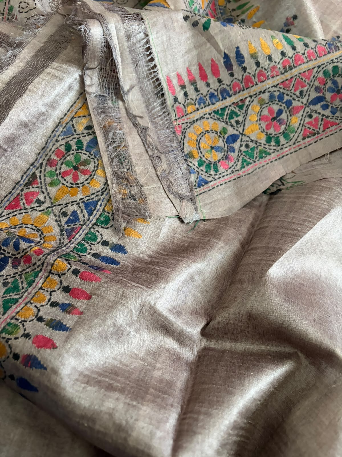 Pure Tussar Silk Kantha Hand Embroidered Saree - Deep Beige with Multicolour