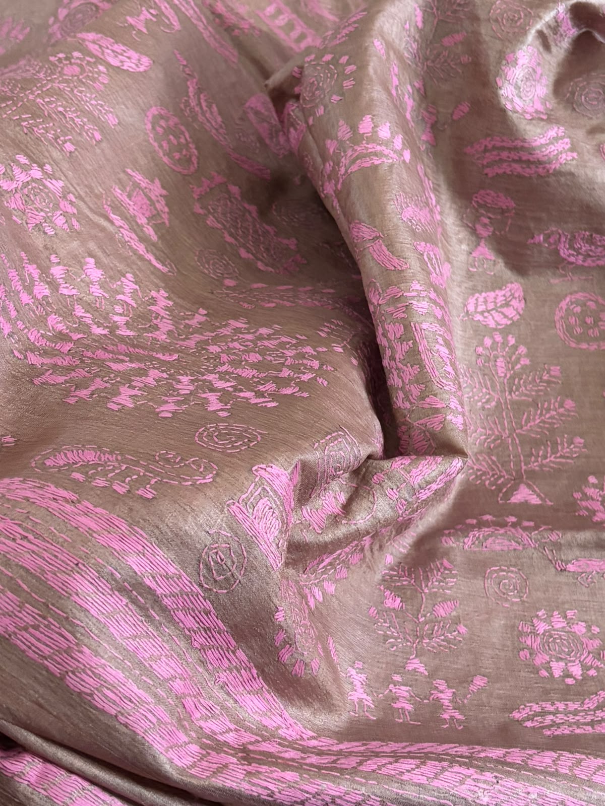 Pure Tussar Silk Saree Tribal Motifs  Kantha Hand Embroidery  Mauve Rose on Warm Taupe