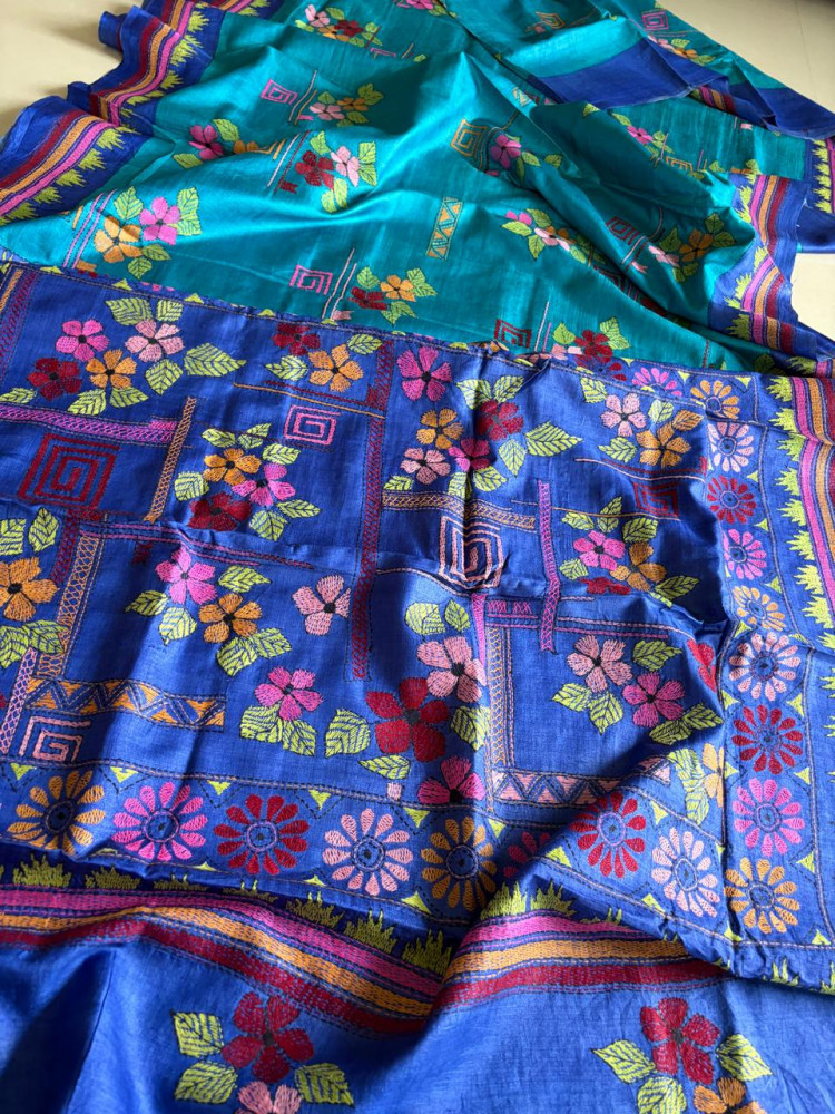 Image of Azure Garden – Pure Tussar Silk Saree with Multicolour Hand Kantha Embroidery