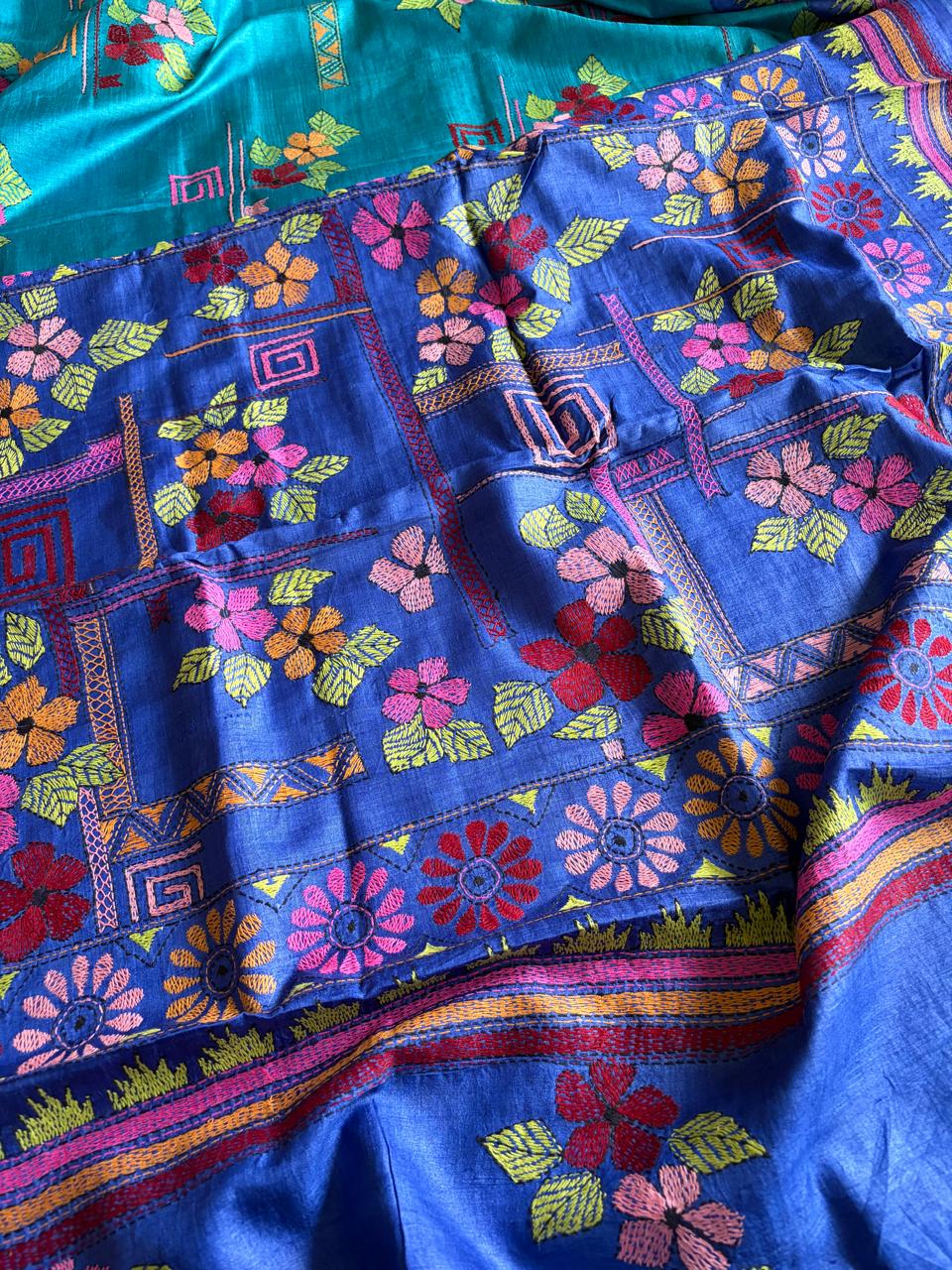 Azure Garden Pure Tussar Silk Saree with Multicolour Hand Kantha Embroidery