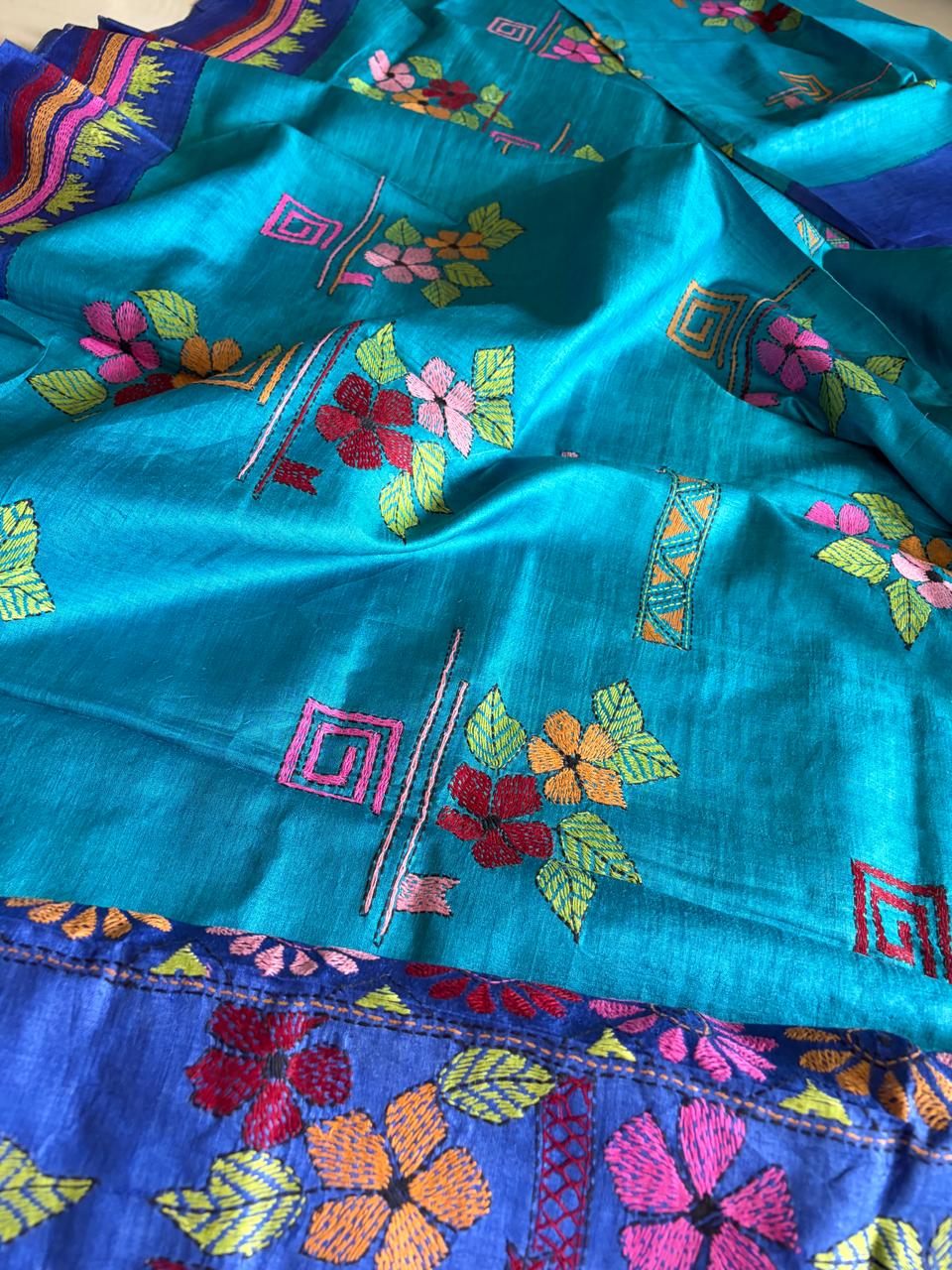 Azure Garden  Pure Tussar Silk Saree with Multicolour Hand Kantha Embroidery
