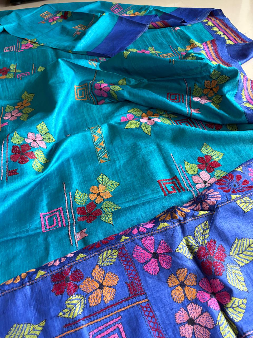 Azure Garden  Pure Tussar Silk Saree with Multicolour Hand Kantha Embroidery