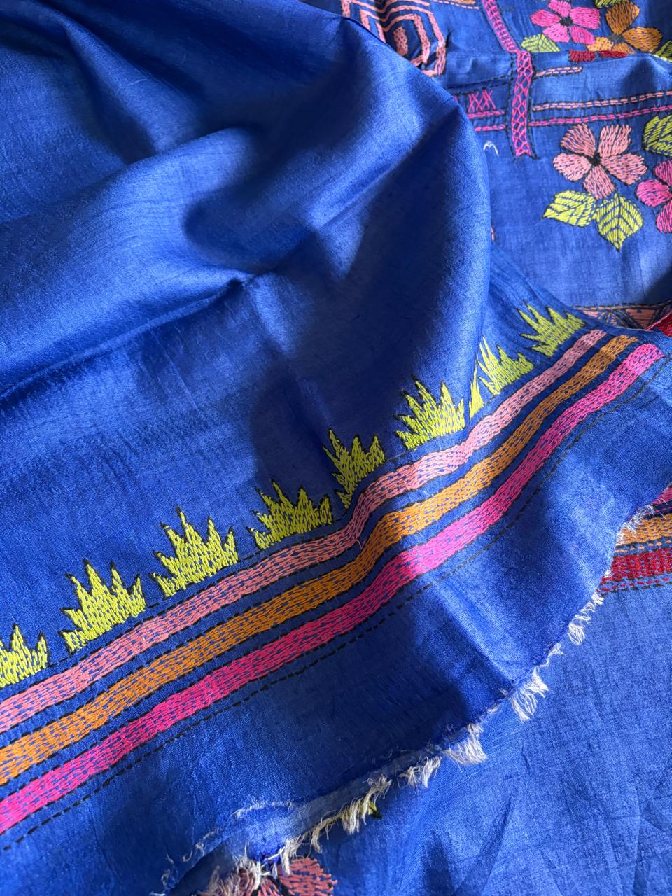 Azure Garden Pure Tussar Silk Saree with Multicolour Hand Kantha Embroidery