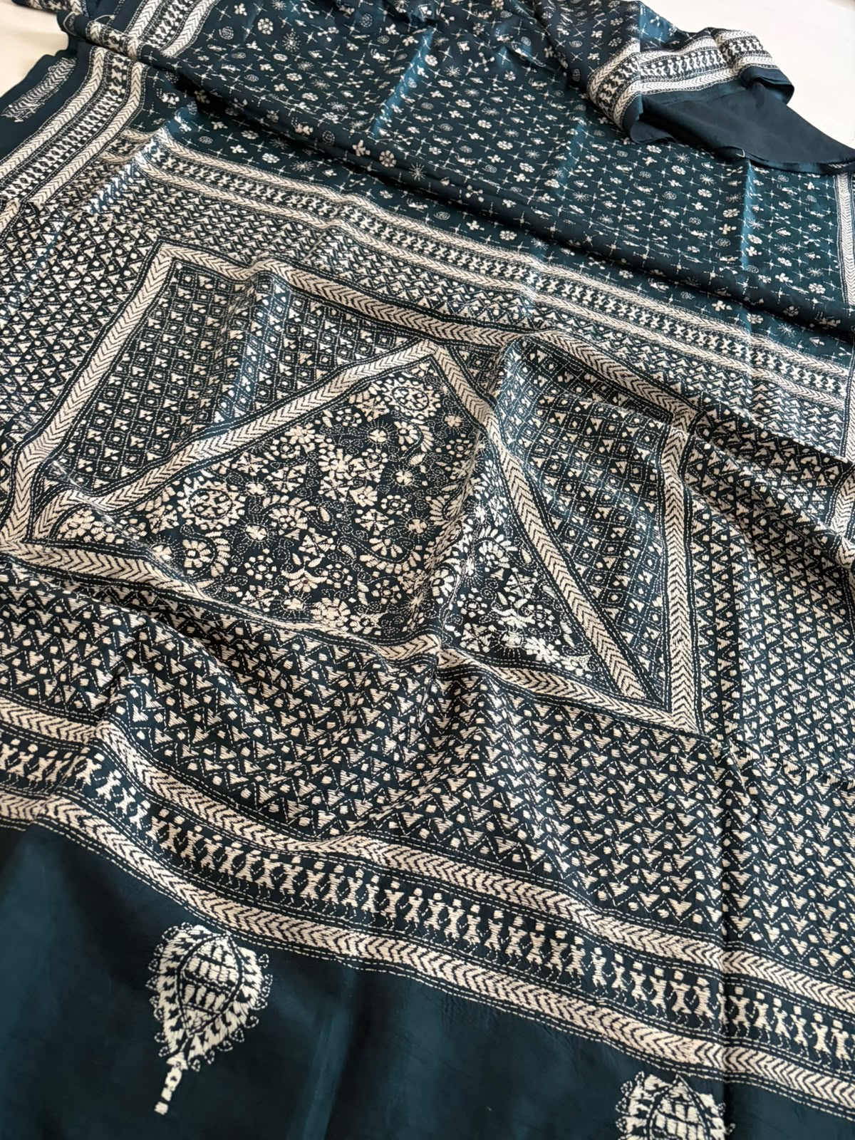 Pure Tussar Silk Kantha Hand Embroidered Saree - Kelp Green