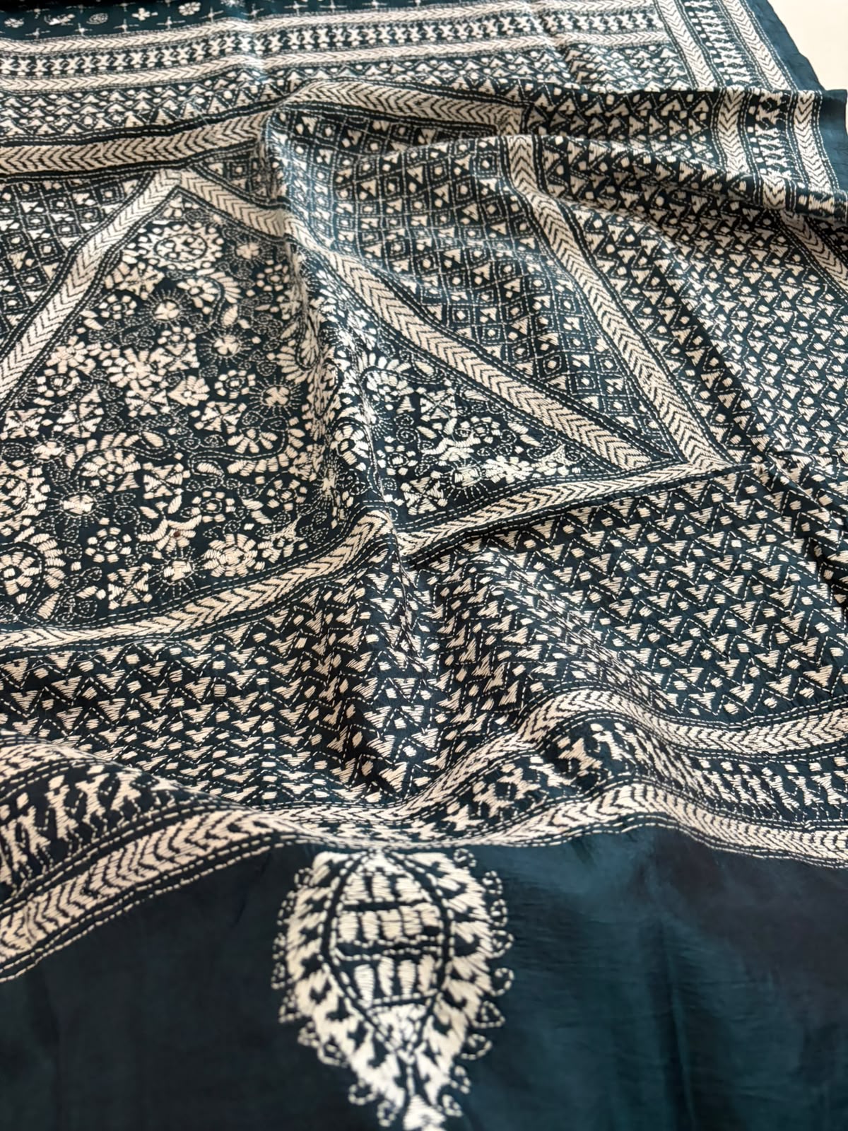 Pure Tussar Silk Kantha Hand Embroidered Saree - Kelp Green
