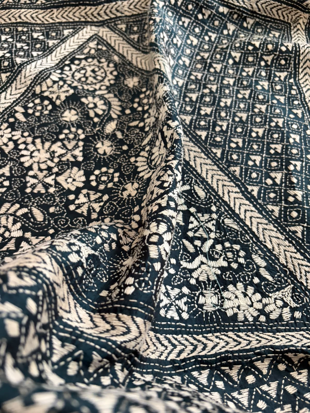 Pure Tussar Silk Kantha Hand Embroidered Saree - Kelp Green