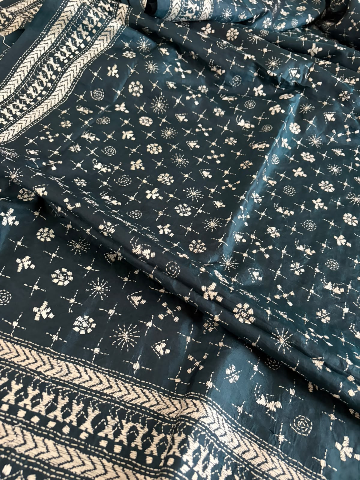 Pure Tussar Silk Kantha Hand Embroidered Saree - Kelp Green