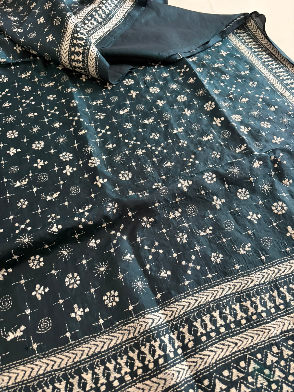 Pure Tussar Silk Kantha Hand Embroidered Saree - Kelp Green