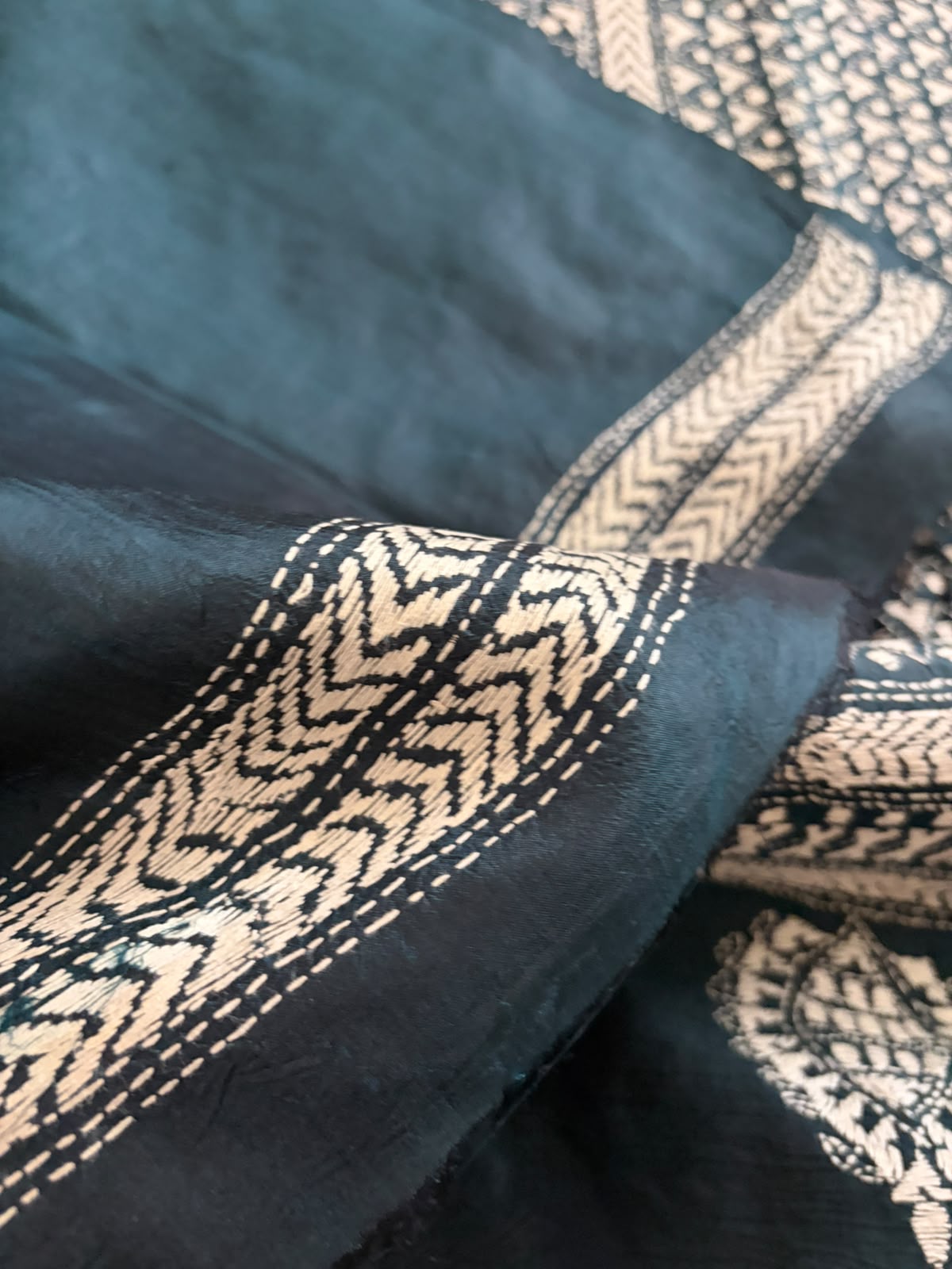 Pure Tussar Silk Kantha Hand Embroidered Saree - Kelp Green