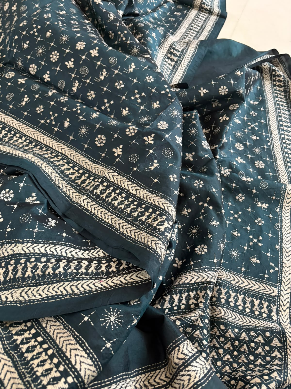 Pure Tussar Silk Kantha Hand Embroidered Saree - Kelp Green