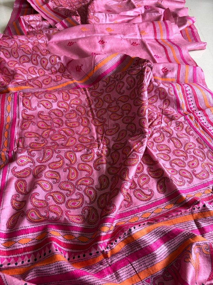 Image of Pure Tussar Silk Kantha Hand Embroidered Saree - Onion Pink
