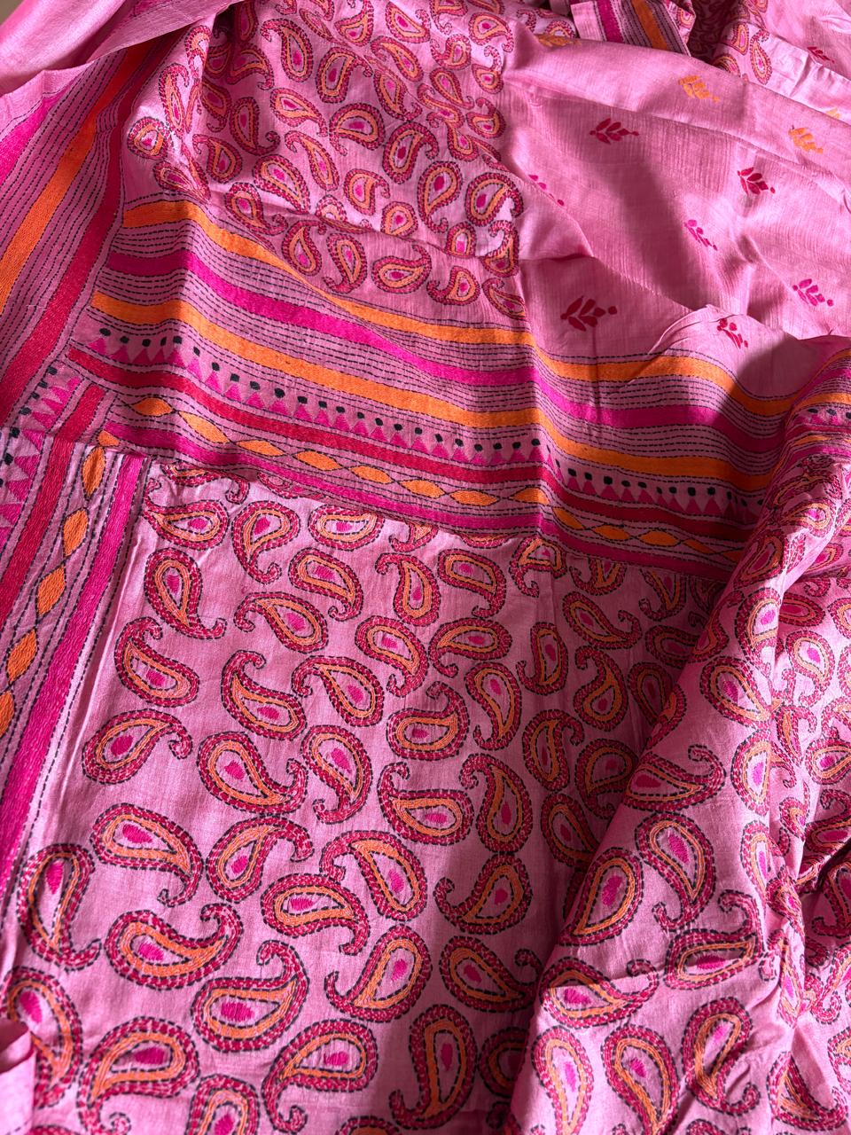 Pure Tussar Silk Kantha Hand Embroidered Saree - Onion Pink