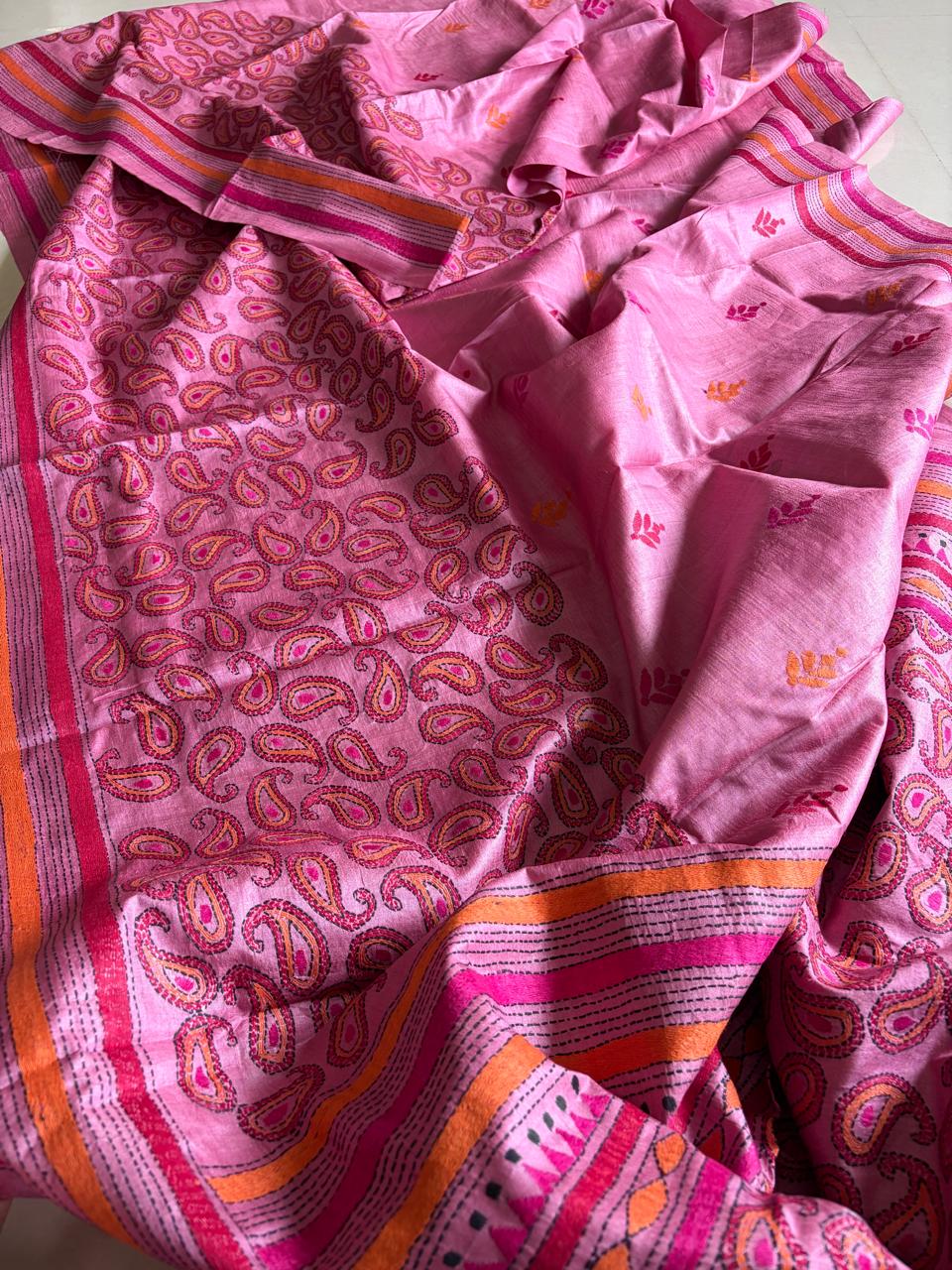 Pure Tussar Silk Kantha Hand Embroidered Saree - Onion Pink