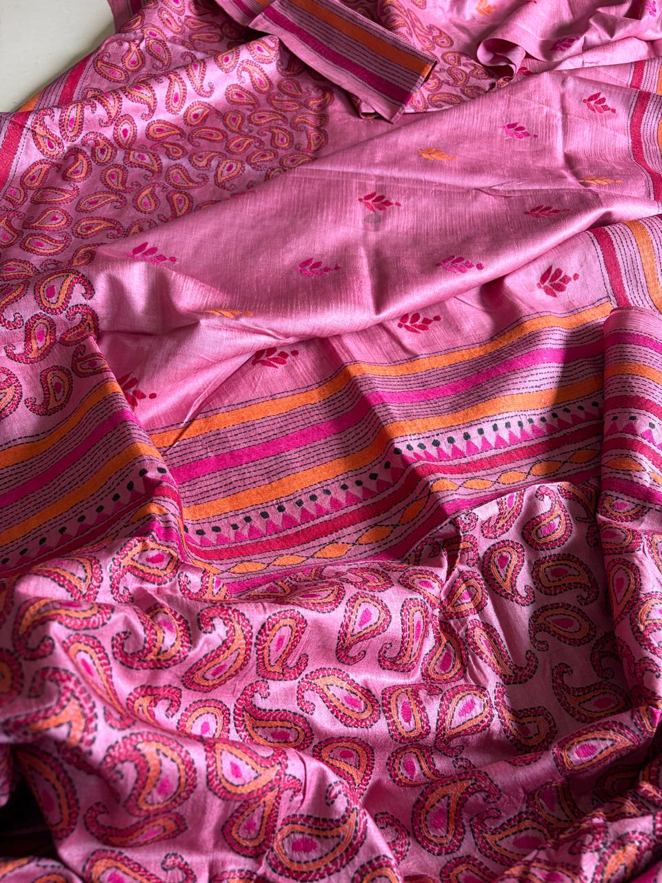 Pure Tussar Silk Kantha Hand Embroidered Saree - Onion Pink