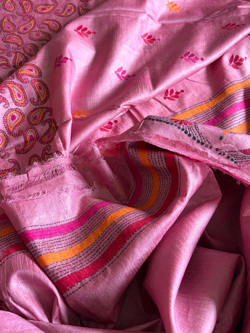 Pure Tussar Silk Kantha Hand Embroidered Saree - Onion Pink