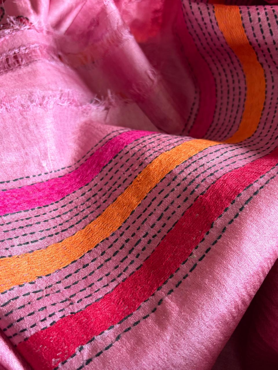 Pure Tussar Silk Kantha Hand Embroidered Saree - Onion Pink