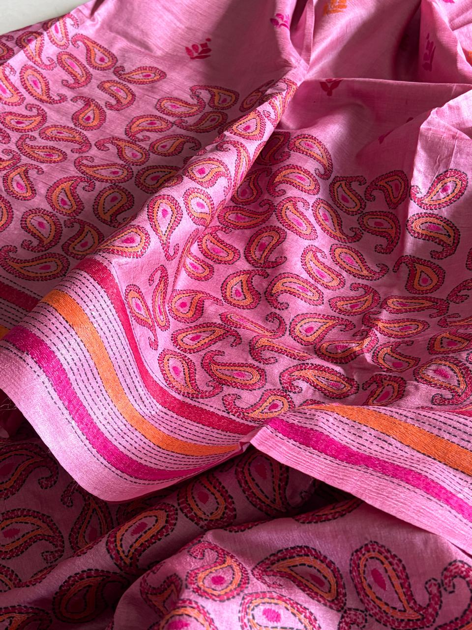 Pure Tussar Silk Kantha Hand Embroidered Saree - Onion Pink