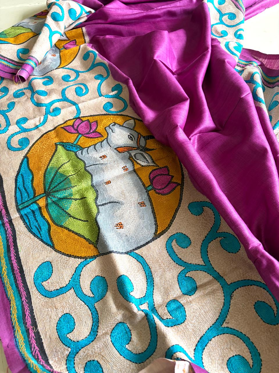 Pichwai Kamadhenu Purple Tussar Silk Saree with Hand Sujani Kantha Embroidery