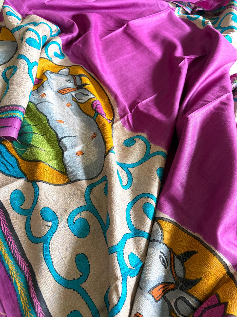 Pichwai Kamadhenu Purple Tussar Silk Saree with Hand Sujani Kantha Embroidery