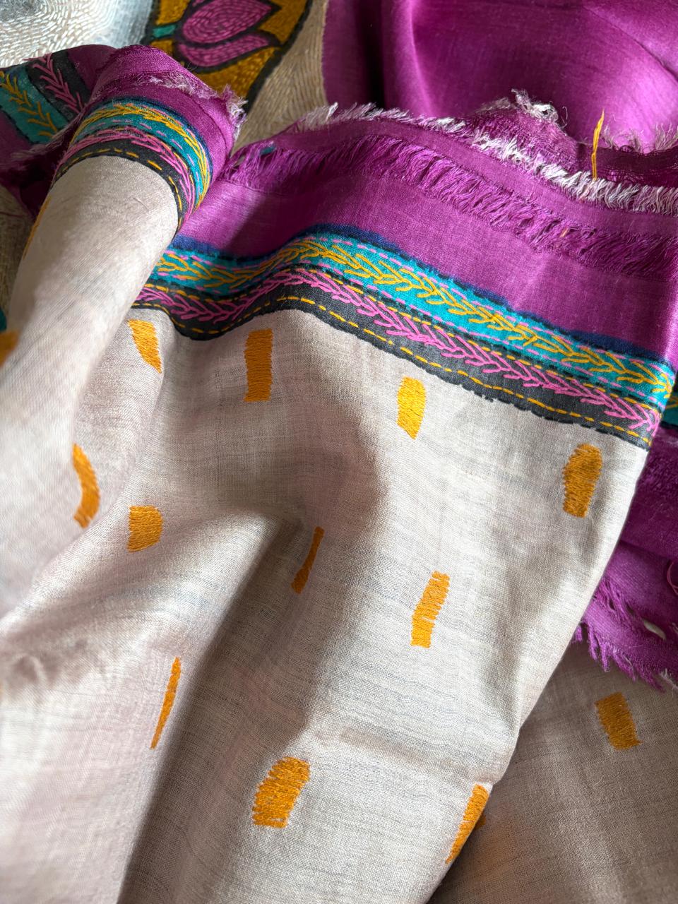 Pichwai Kamadhenu Purple Tussar Silk Saree with Hand Sujani Kantha Embroidery