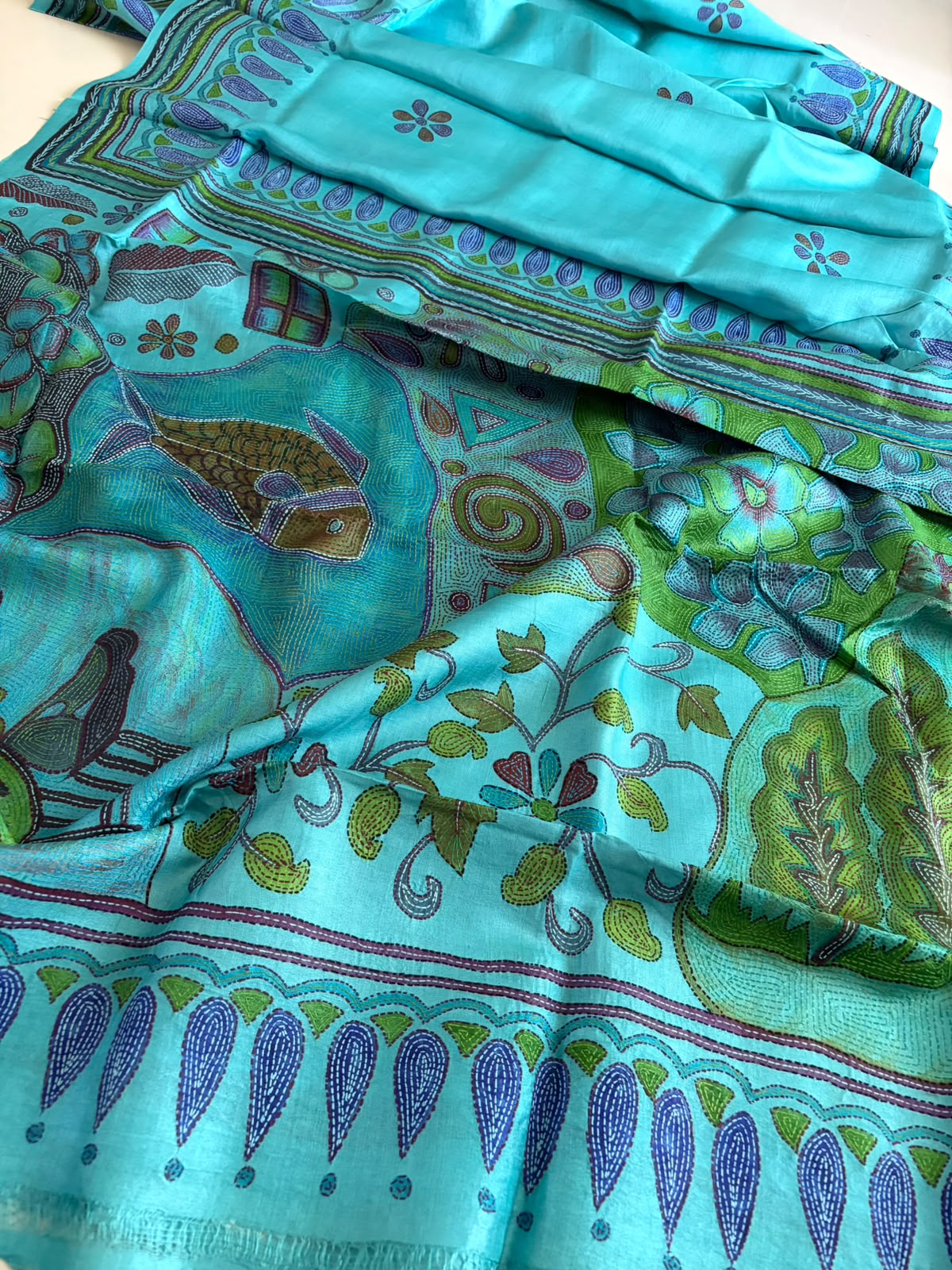 Pure Tussar Silk Kantha Hand Embroidered Saree in Sujani Style - Aqua Teal