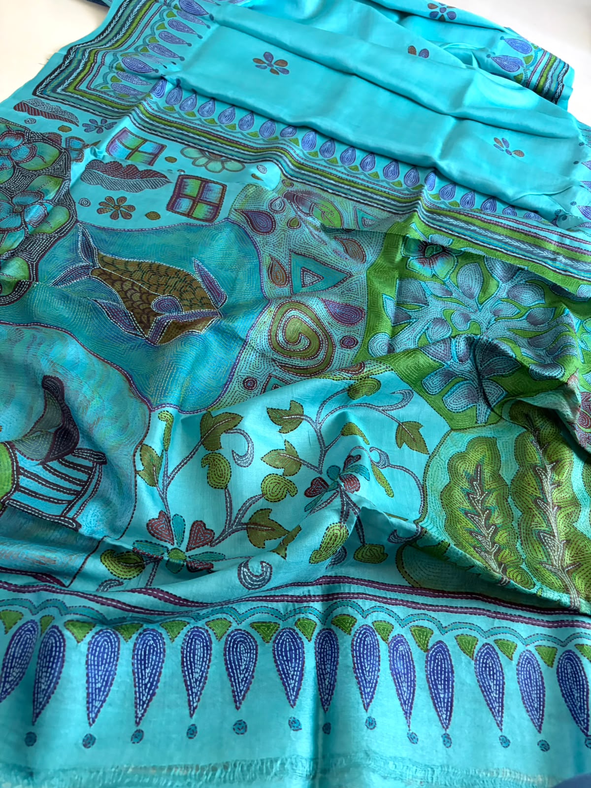 Pure Tussar Silk Kantha Hand Embroidered Saree in Sujani Style - Aqua Teal