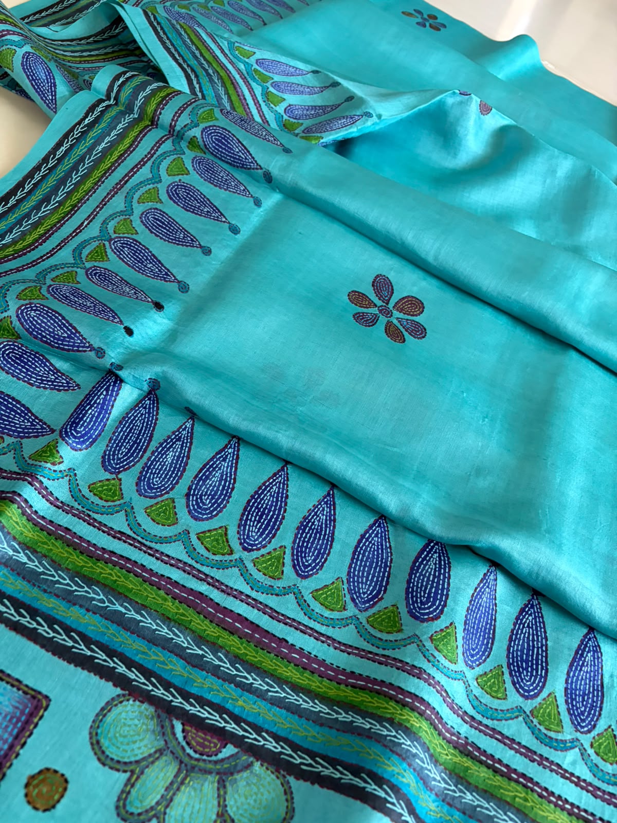 Pure Tussar Silk Kantha Hand Embroidered Saree in Sujani Style - Aqua Teal