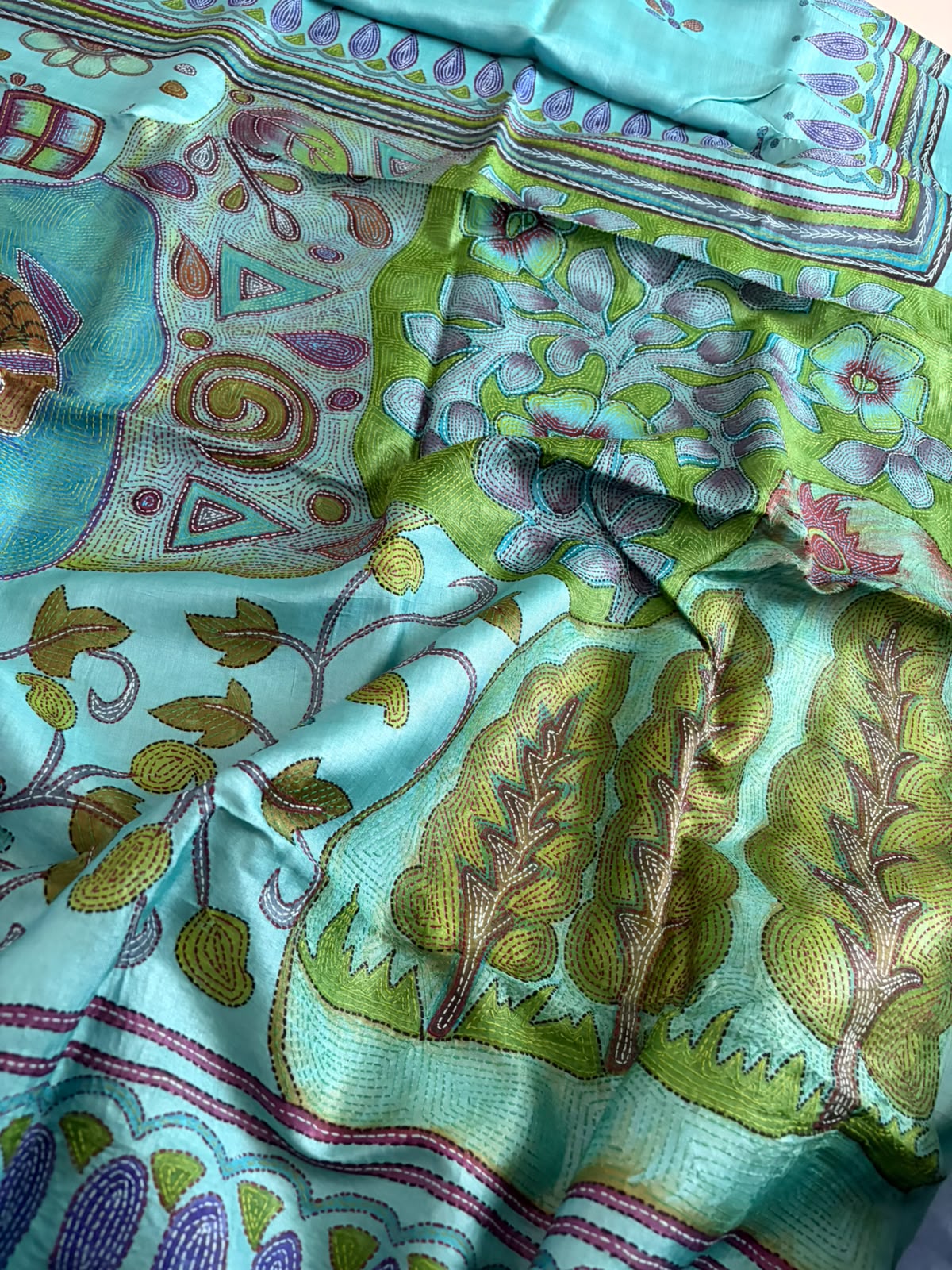 Pure Tussar Silk Kantha Hand Embroidered Saree in Sujani Style - Aqua Teal