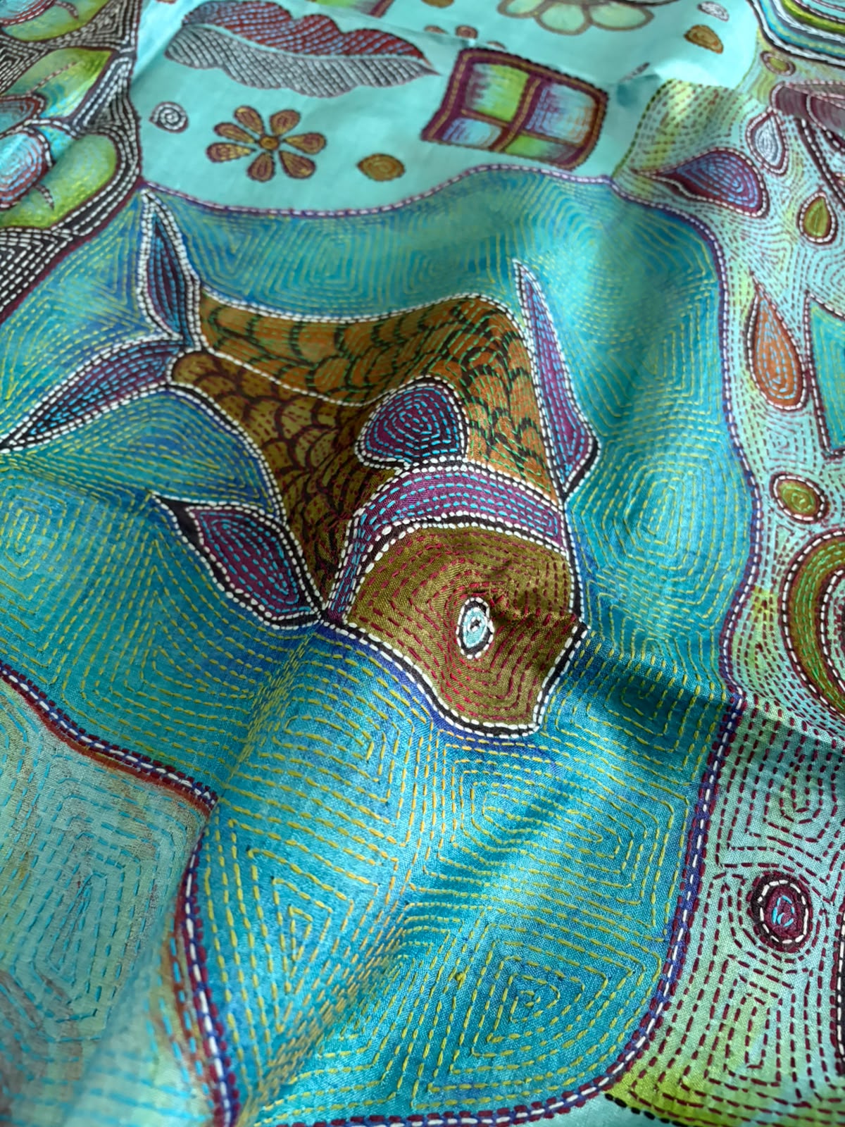 Pure Tussar Silk Kantha Hand Embroidered Saree in Sujani Style - Aqua Teal
