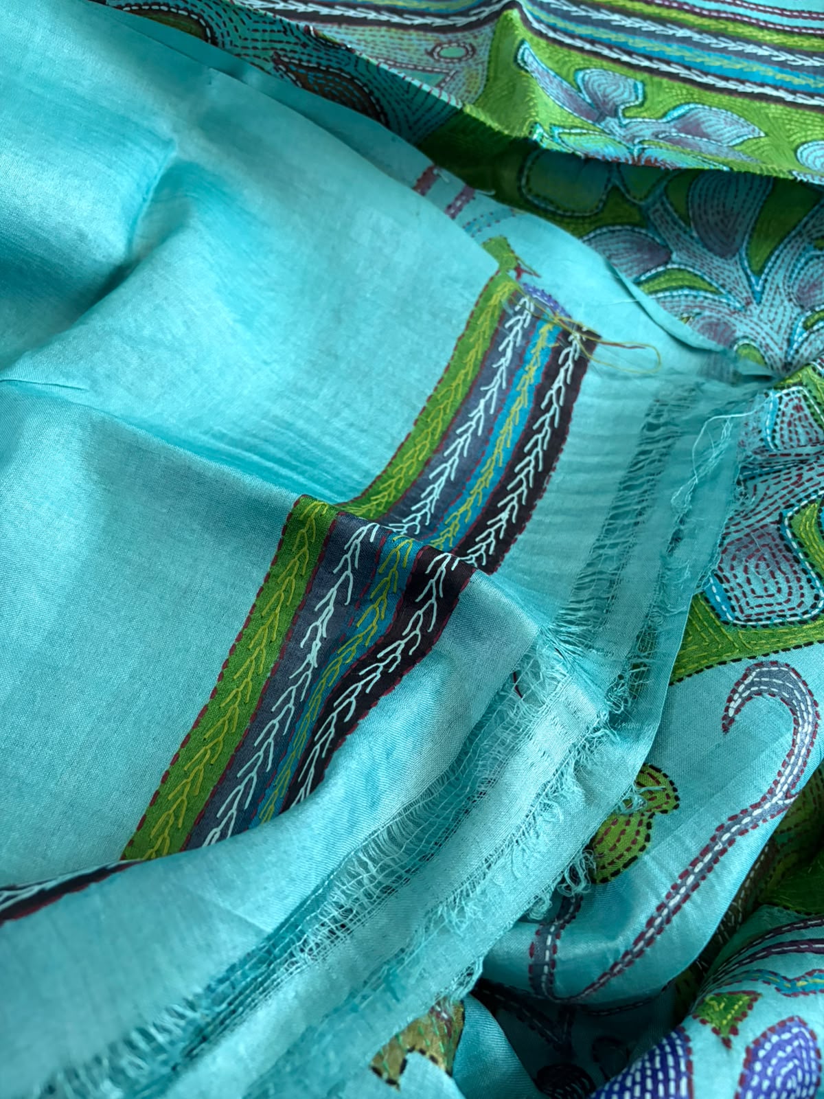 Pure Tussar Silk Kantha Hand Embroidered Saree in Sujani Style - Aqua Teal