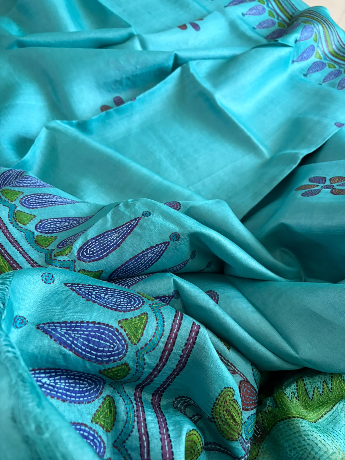 Pure Tussar Silk Kantha Hand Embroidered Saree in Sujani Style - Aqua Teal