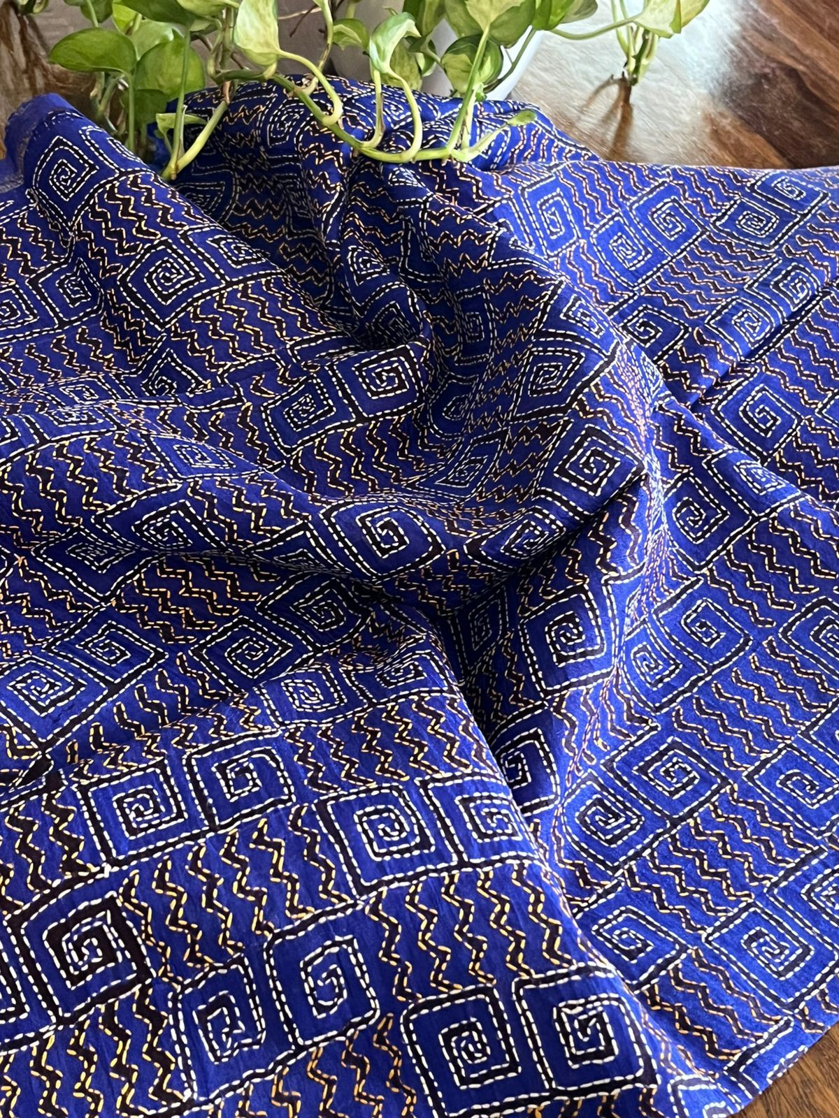 Pure Tussar Silk Kurta with Hand Kantha Embroidery - Blue