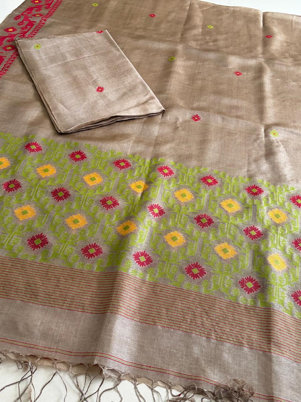 Pure Tussar Silk Kurta Dupatta Set with Jamdani Weave - Beige