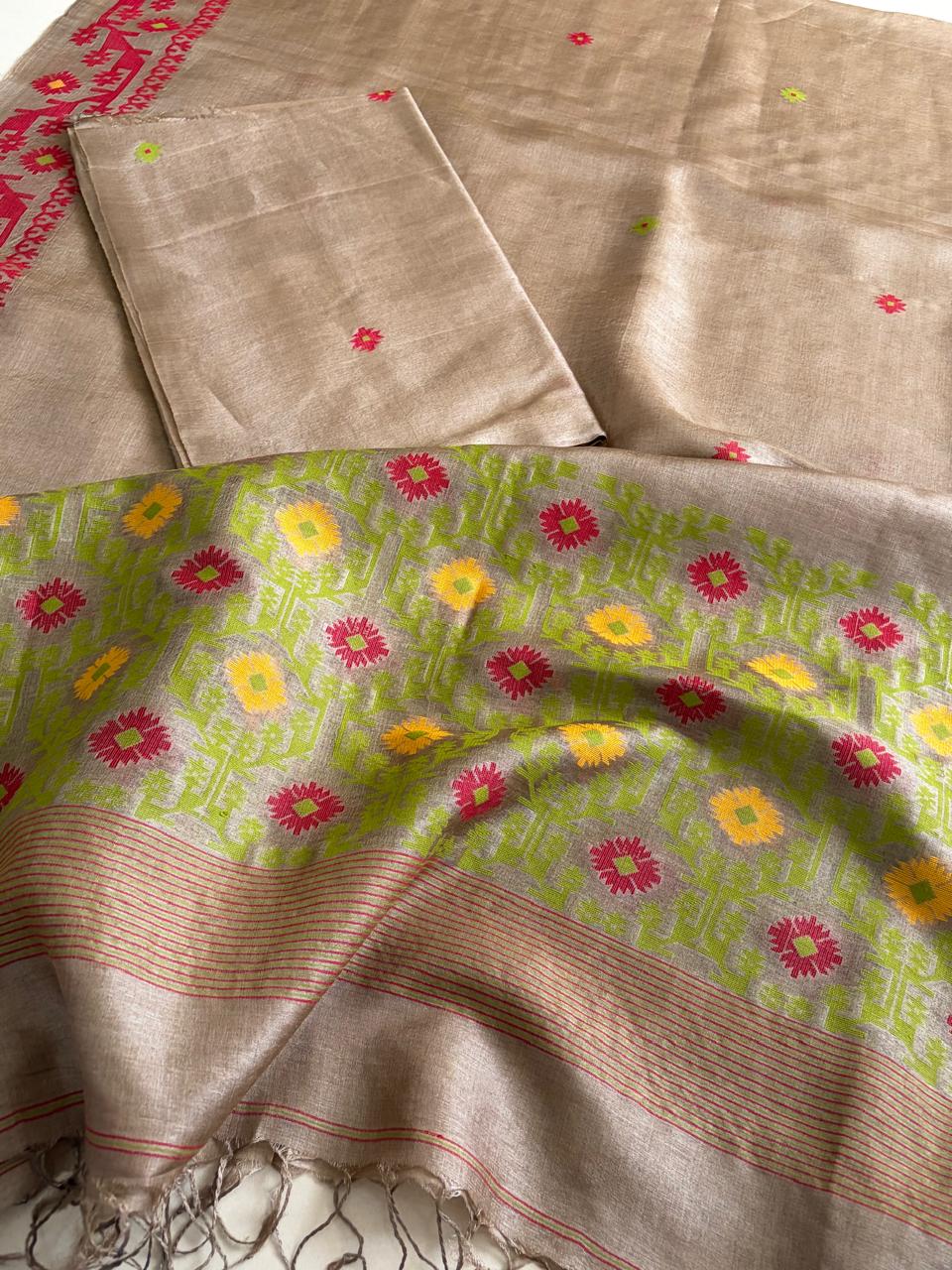 Pure Tussar Silk Kurta Dupatta Set with Jamdani Weave - Beige