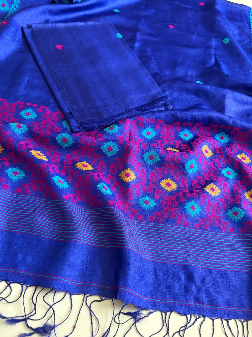 Pure Tussar Silk Kurta Dupatta Set with Jamdani Weave - Blue