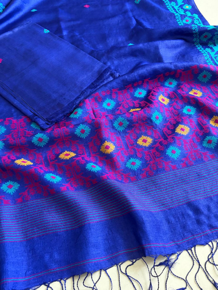 Image of Pure Tussar Silk Kurta Dupatta Set with Jamdani Weave - Blue