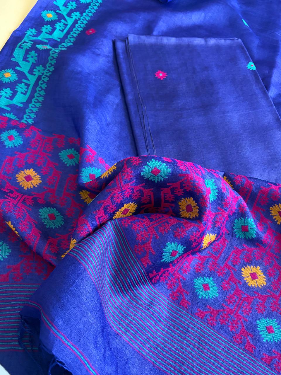 Pure Tussar Silk Kurta Dupatta Set with Jamdani Weave - Blue