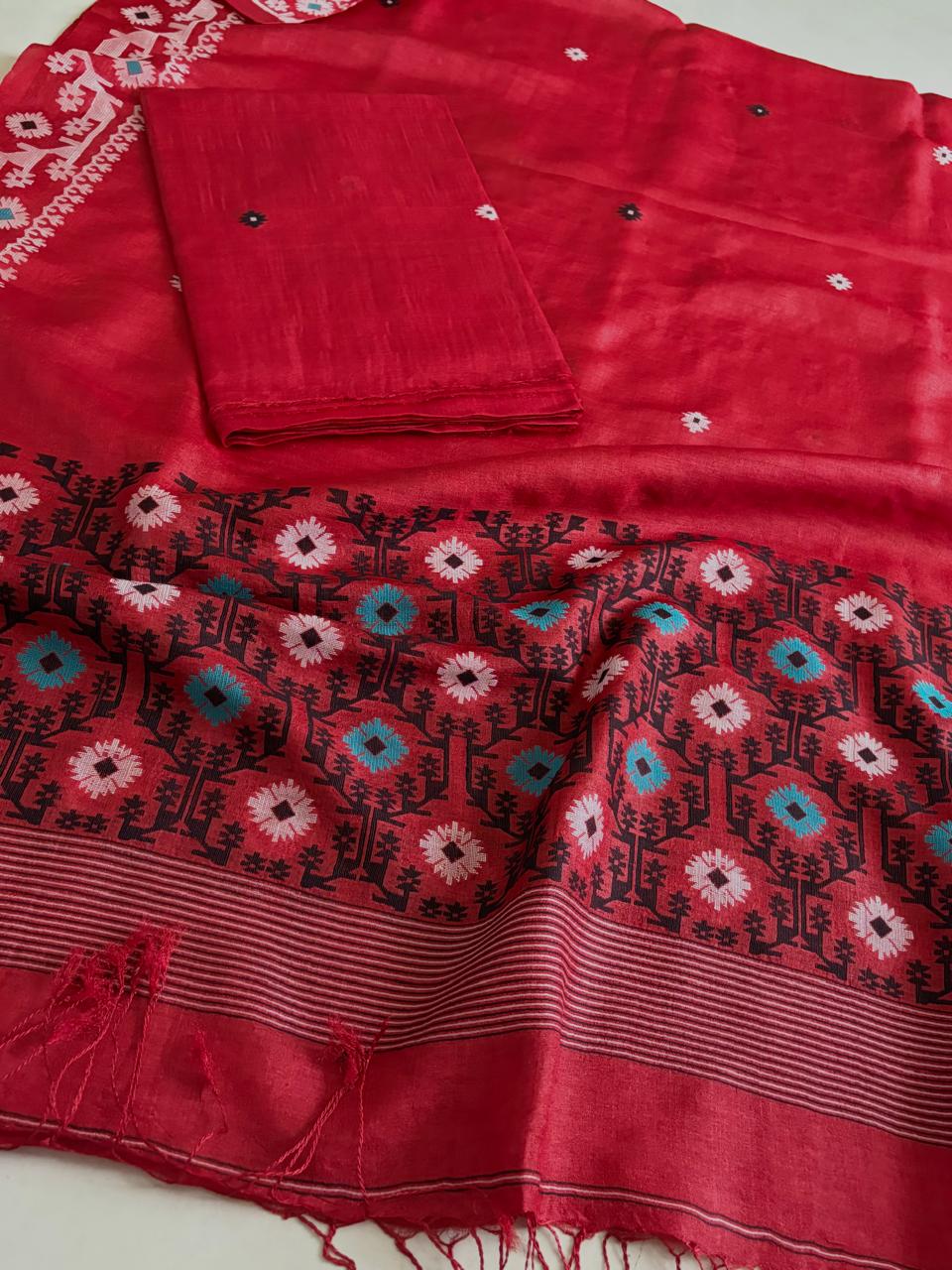 Pure Tussar Silk Kurta Dupatta Set with Jamdani Weave - Red