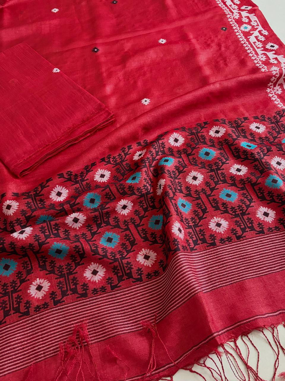 Pure Tussar Silk Kurta Dupatta Set with Jamdani Weave - Red